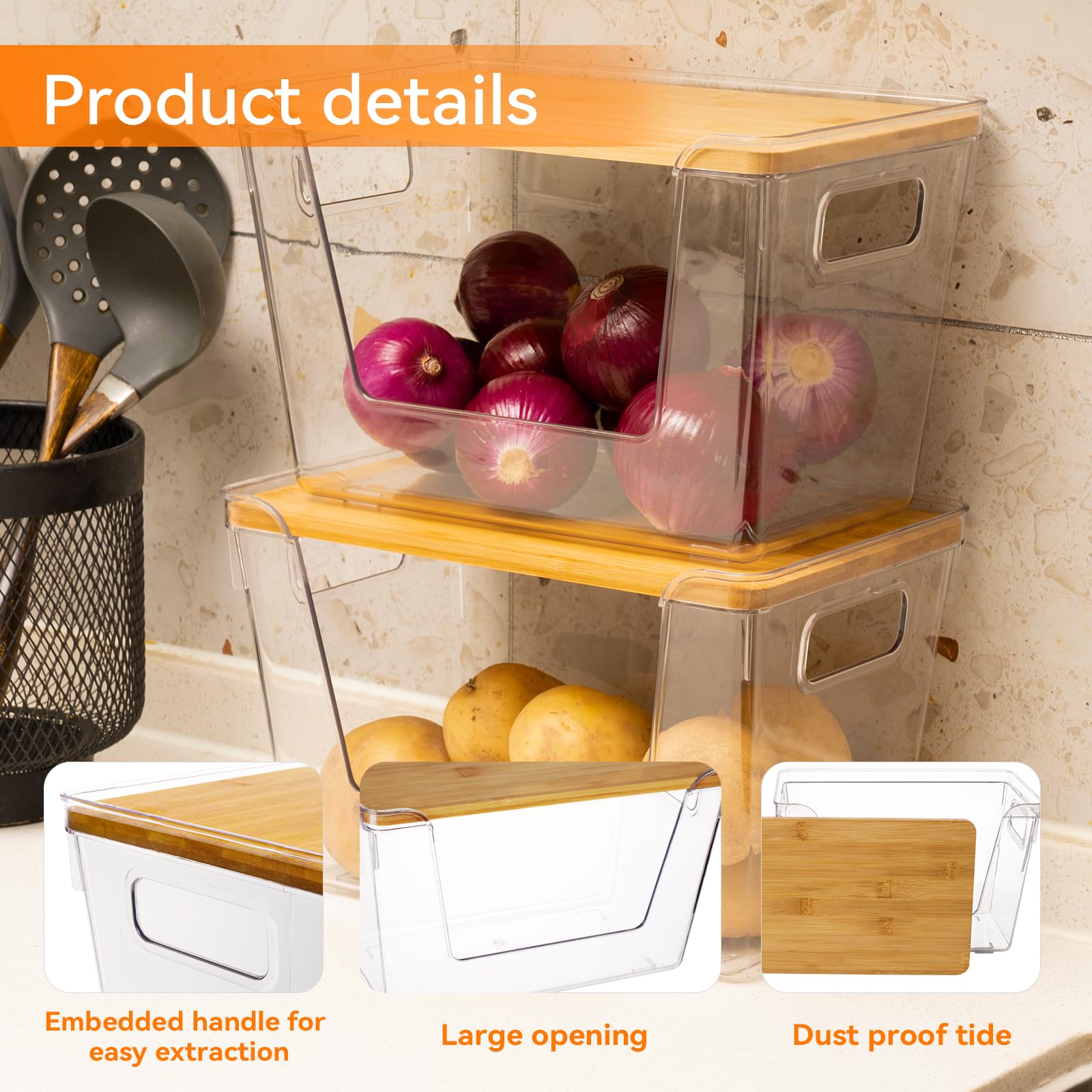 Abiudeng Confezione da 2 contenitori da cucina impilabili per riporre e organizzare la dispensa, contenitori per alimenti per patate, verdure, frutta, con coperchio in bambù frontale ad ampia apertura