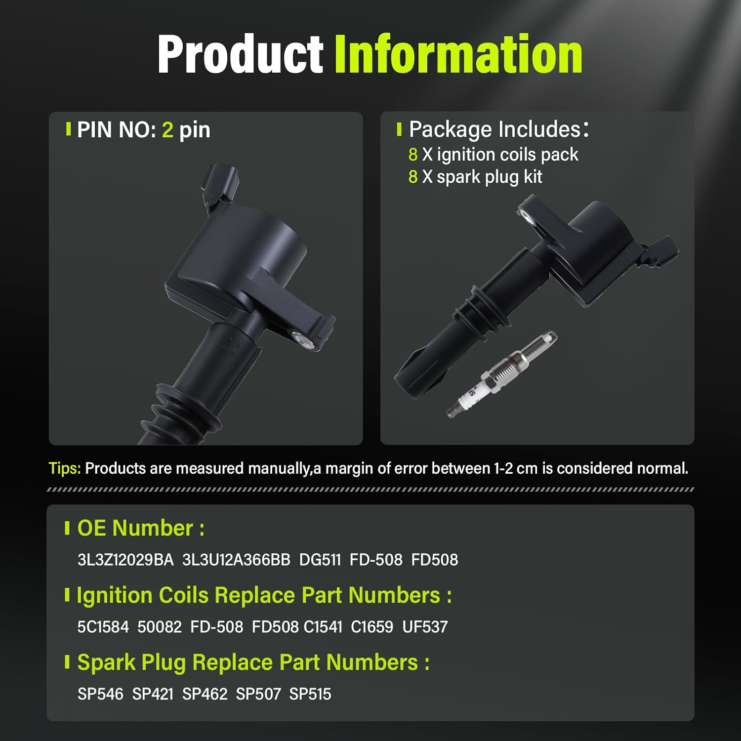 FD508 Ignition Coils Packs Spark Plugs Set of 8 Fit for Ford F-150 2004-2008 for F-250/F-350 for Expedition/Explorer for Lincoln Mark LT 2006-2008 5.4L 4.6L V8 for Navigator Replce 5C1584 DG511