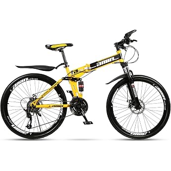 Foldable Mountain Bike 26 Inch Adult with 21/24/27/30 Speed Double Disc Brakes Full Suspension Non-Slip Men Women Outdoor Cycling Yellow 24 Speed