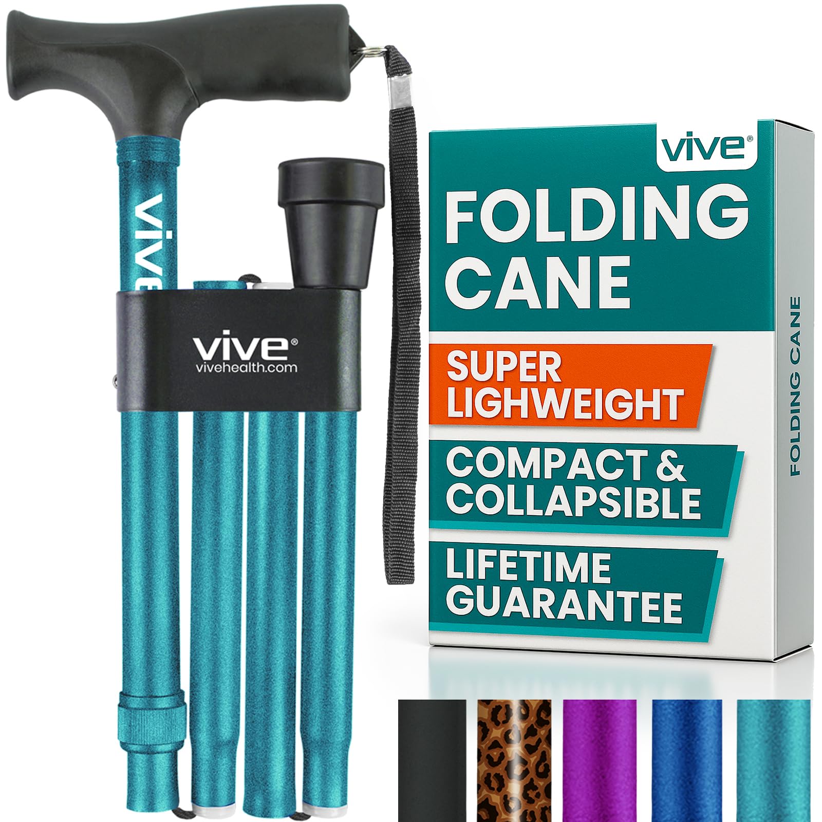 Folding Cane by Vive - Walking Cane for Men & Women - Collapsible, Lightweight, Adjustable & Portable Walking Stick Mobility Aid - Sleek Look & Comfortable Handles (Teal)
