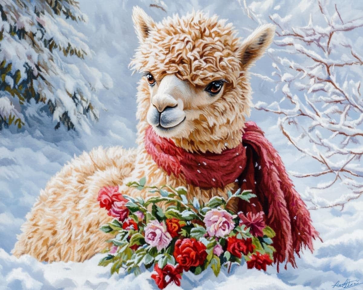 AxiangziK Cross Stitch Stamped Kits 12x16 inch,Alpacas in the Snow Embroidery Crafts Needlepoint Kit,Beginners Starter Kits,DIY Handmade Gifts 11CT 3 Strands