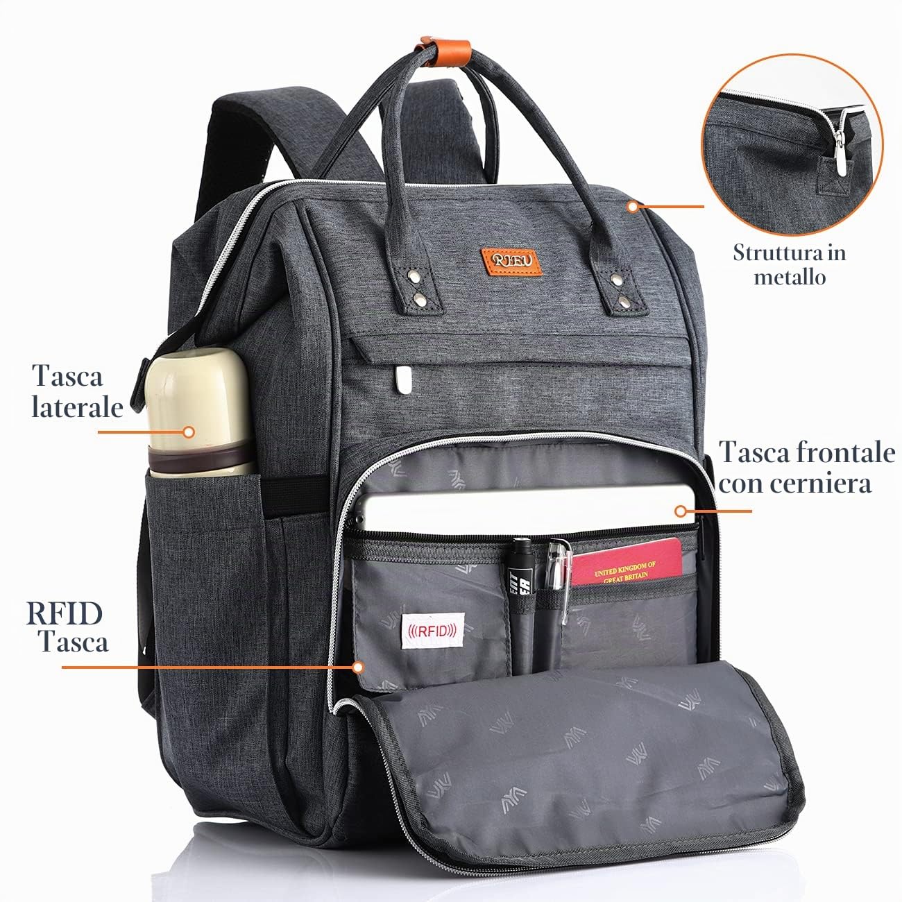 Zaino da Donna,17.3 Pollici cno Porta PC con Porta di Ricarica USB & Tasca RFID per Scuola,Lavoro,Viaggio (Grigio scuro 17in)