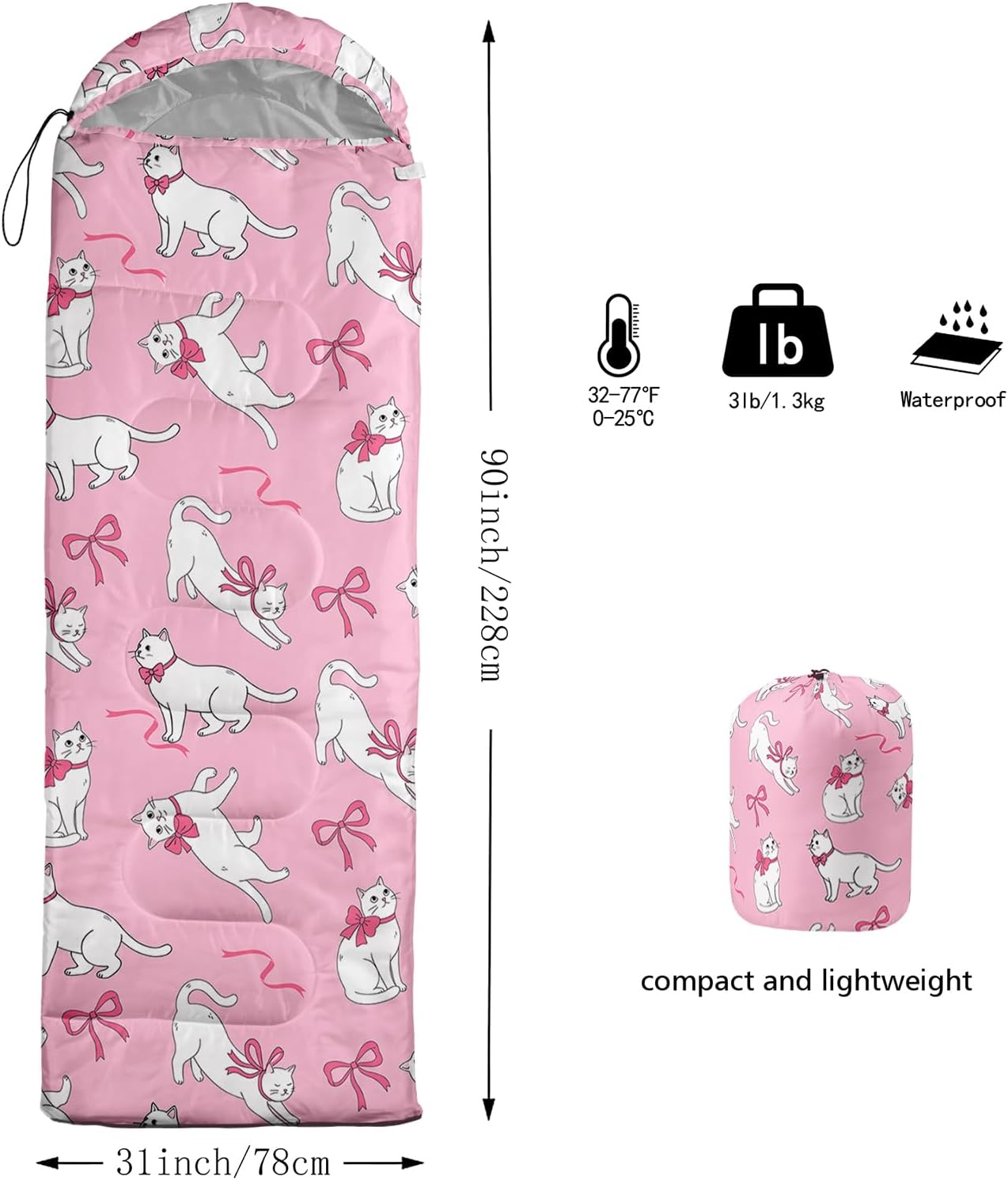 Pink Bow Sleeping Bag,Girly Princess Bowknot Camping Bag for Girls Kids,Pink and White Striped Lightweight Warm Portable Outdoor Indoor-Waterproof Cold Weather Resistant for Camping Hiking image 3
