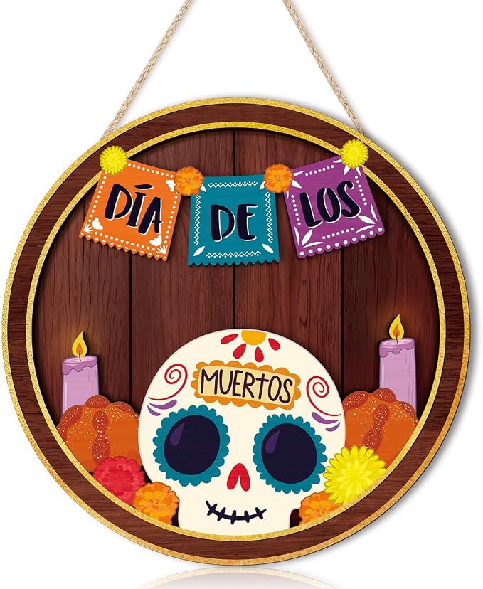 KAIRNE Dia de Los Muertos Wooden Door Sign,Marigold Sugar Skull Wood Plaque