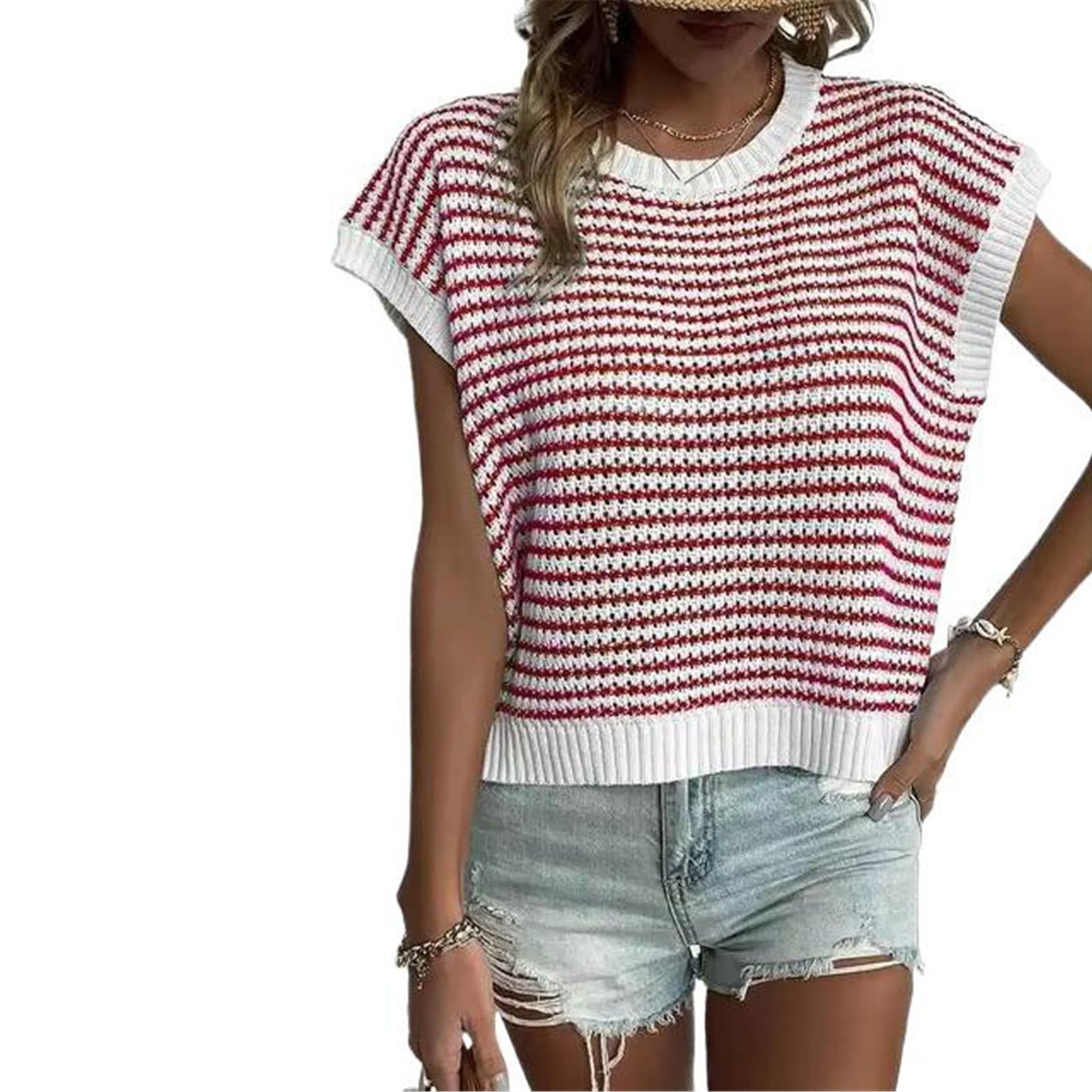 Maglia Senza Maniche a Righe Donna, Top Morbido e Traspirante Collo Rotondo per Spiaggia Estate