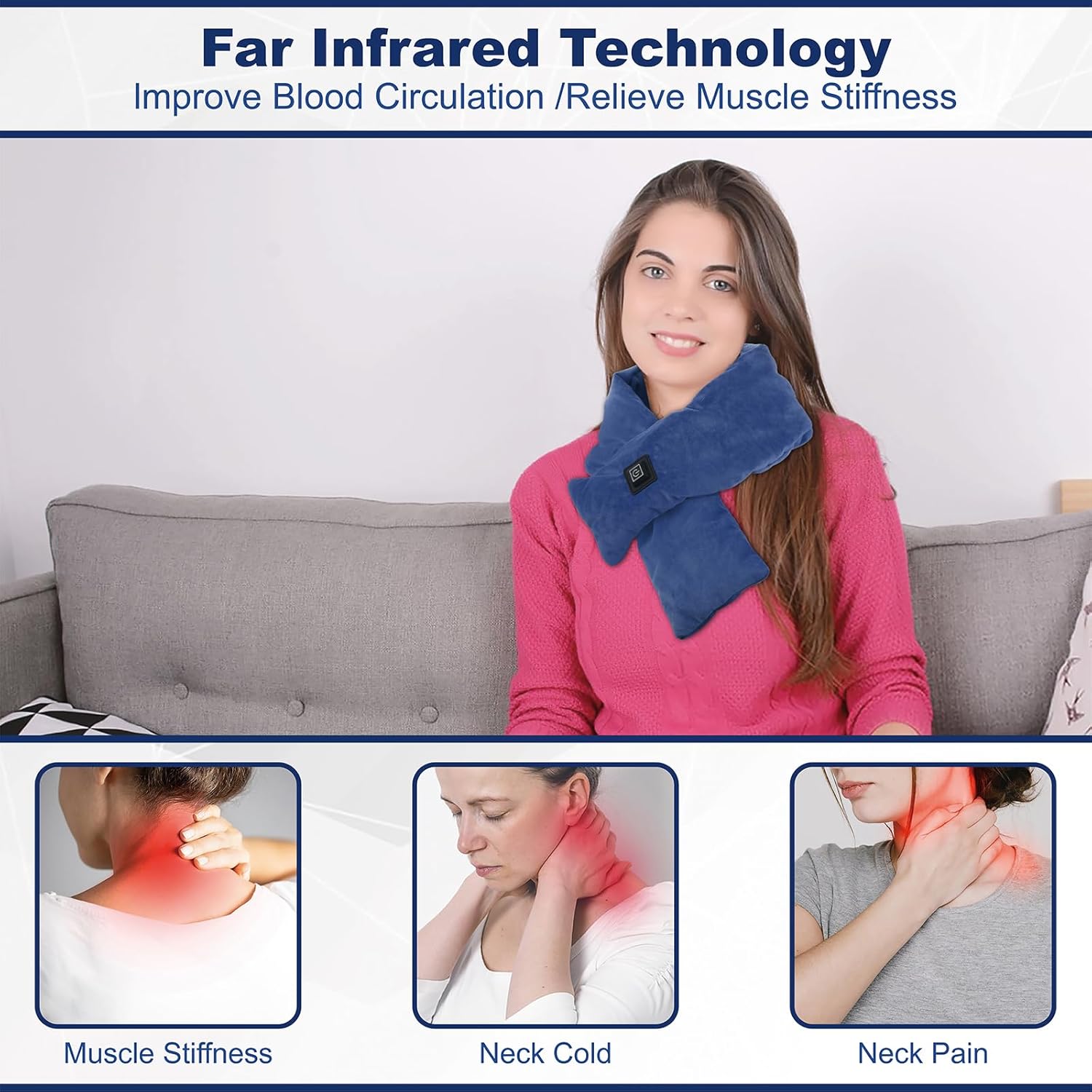 Heated Scarf with Power Bank, Electric Neck Heating Pad for Pain Relief, Portable Cordless Thermal Wrap with 3 Heat Levels, Soft Velvet Electric Neck Warmer for Men & Women Outdoor Winter Use-Blue