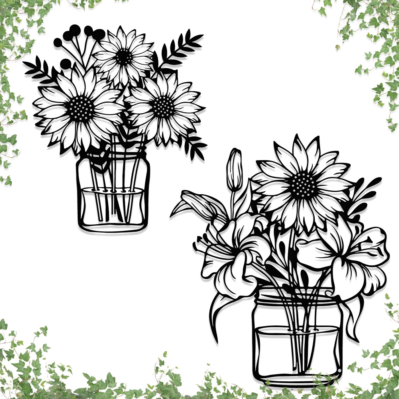 Luccyle 2pcs Negro de metal Flores de Pared Arte Floral de Pared Girasoles Escultura de Pared Flores Decoraciones para el Hogar Patio Balcón Baño