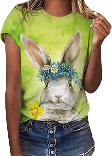 DABAOK T Shirts for Women UK Fashion Easter Bunny Pattern Printing Casual Crew Neck Short Sleeve Tops Pullover Summer Clothes Sale Clearance