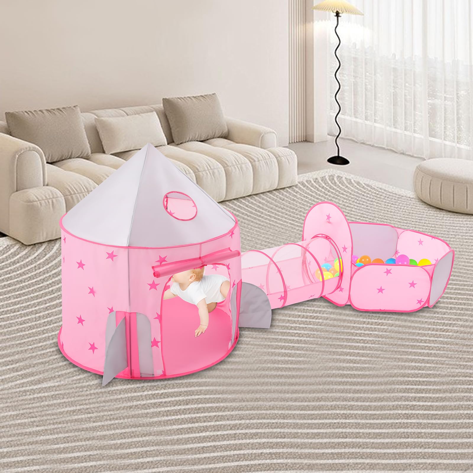 Tenda per Bambini 3 in 1 Tenda da Gioco + Tunnel per Bambini + Piscina a Palle Pieghevole Grande Area di Gioco da Giardino, per Camera da Letto, Sala Familiare, Sala Giochi, Soggiorno