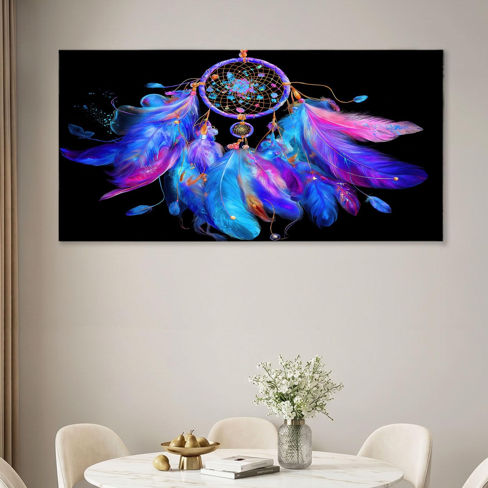 Leinwandbild Bild Boho-Stil XL Wandbilder Deko 90 x 60 cm, Kunstdruck auf Leinwand mit Holzrahmen, Schwarz Traumfänger Feder Wanddeko für Wohnzimmer Schlafzimmer Büro Wanddekoration