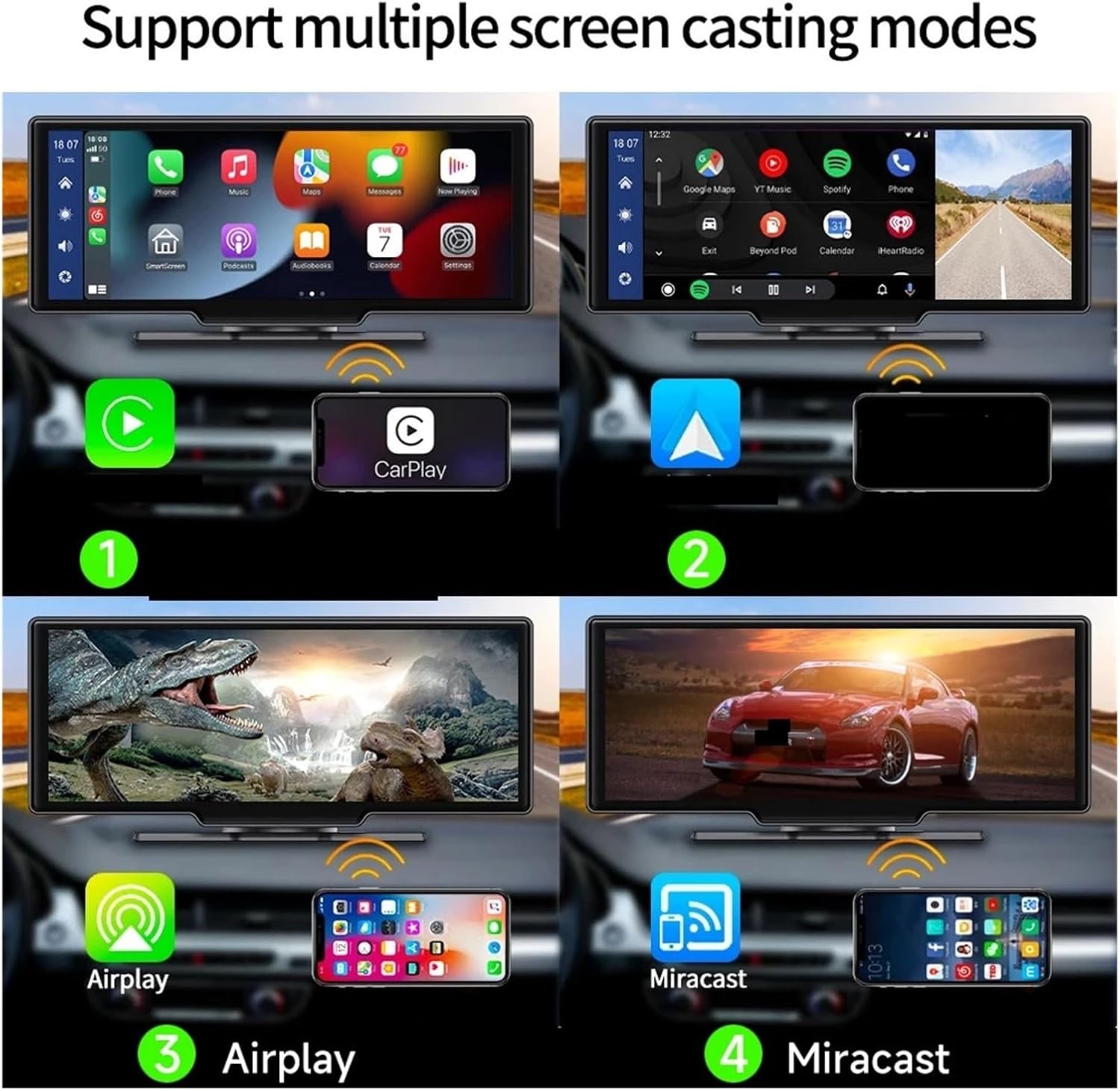 Screen casting modes including CarPlay, Airplay, and Miracast