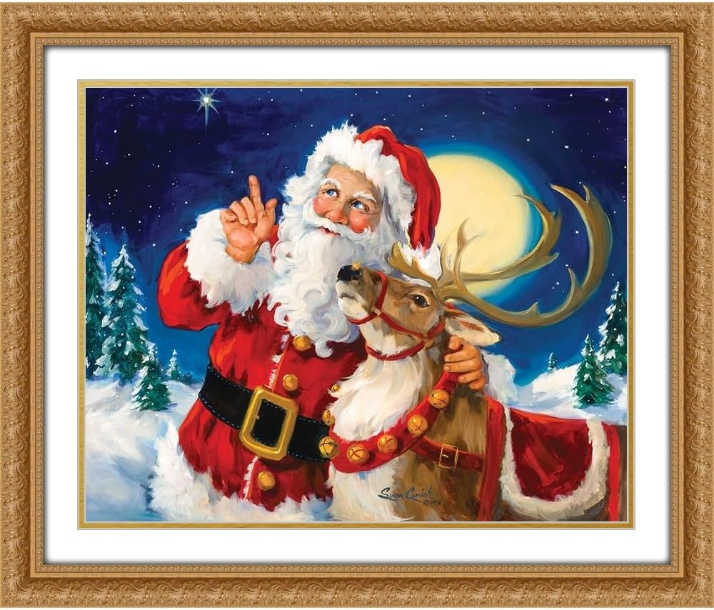 ArtDirect Santas Lead Reindeer 24x20 Gold Ornate Wood Framed with Double Matting Museum Art Print by Comish, Susan