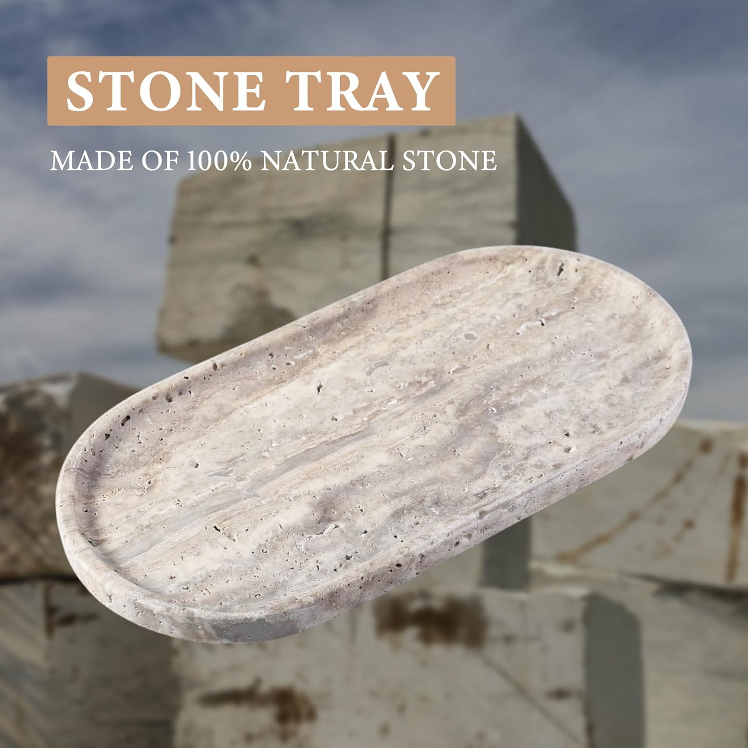 Koville Natural Travertine Tray for Bathroom Countertop, 12"x6" Vanity Decorative Marble Tray for Perfume, Candles, Jewelry, Stone Catchall Trays Jewelry Dish, Silver Stone Trays for Kitchen Counter - Image 4