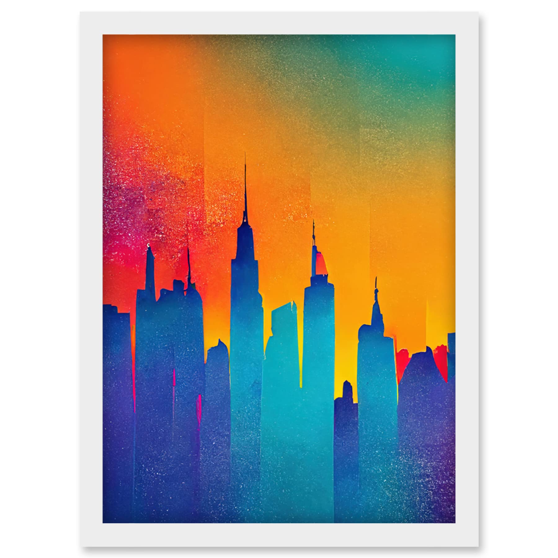 Wee Blue Coo Modern Abstract Warm Bright Colourful New York Sunset Skyline Artwork Framed Wall Art Print A4