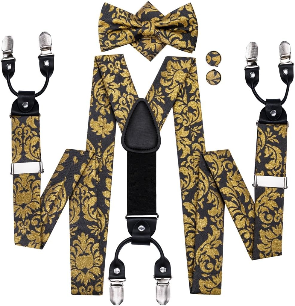 Silk Adult Men Suspenders Set Leather Metal 6 Clips Braces Floral Vintage Men's Elastic Wedding Suspenders