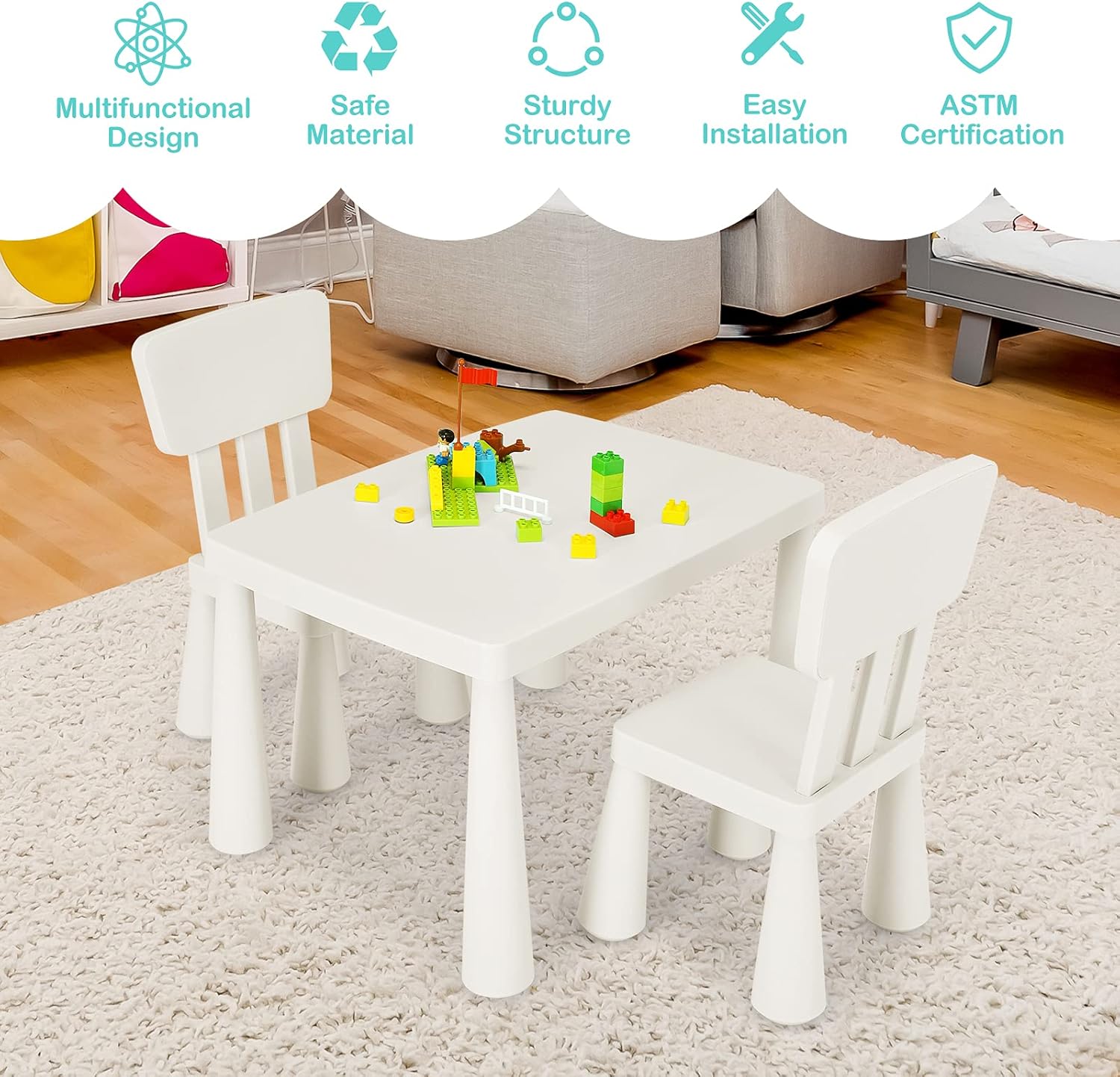 KOTEK Kids Table and Chair Set, 3 Piece Plastic Toddler Table and Chairs for Art Craft, Reading, Drawing, Snack Time, Playroom, Preschool, Kindergarten, Children Activity Table for Ages 1-7 (White)