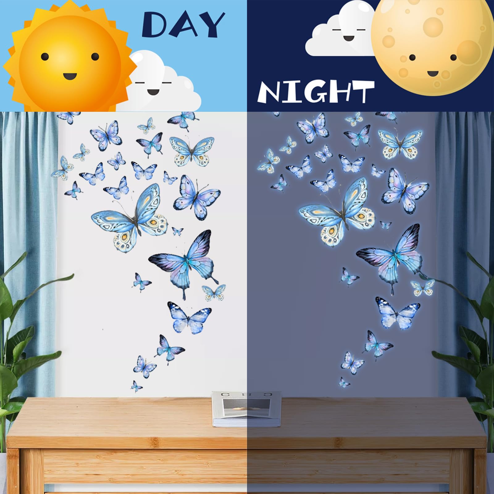 JchEnye 25 adesivi decorativi a forma di farfalla, adesivi murali a forma di farfalla che si illuminano al buio, adesivi blu che si illuminano al buio, camera da letto, camera dei bambini