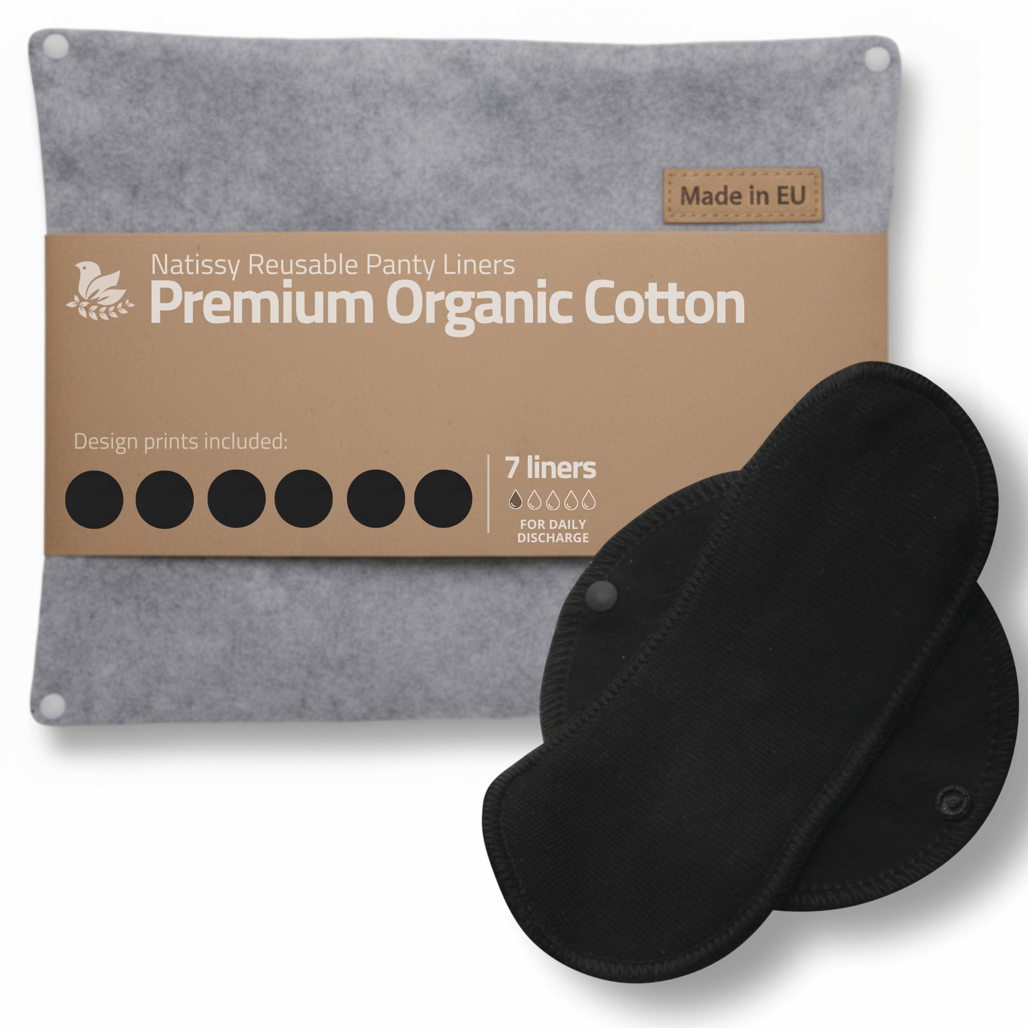 Salvaslip reutilizables en algodón orgánico para flujo blanco (S, 7 uds.); HECHOS EN LA UE, lavables a alta T°, 100% transpirables y suaves, salvaslip tela cómoda, protección femenina diaria (sin PUL)