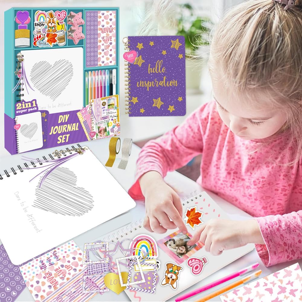 BIIVSOV DIY Diary Set for Girls -Journal Set for Kid-Creative Birthday Gifts for Girl - Stationery Scrapbook Notebook Set - Cool Gifts for 8 9 10 11 12 13 14 Year Old Girls