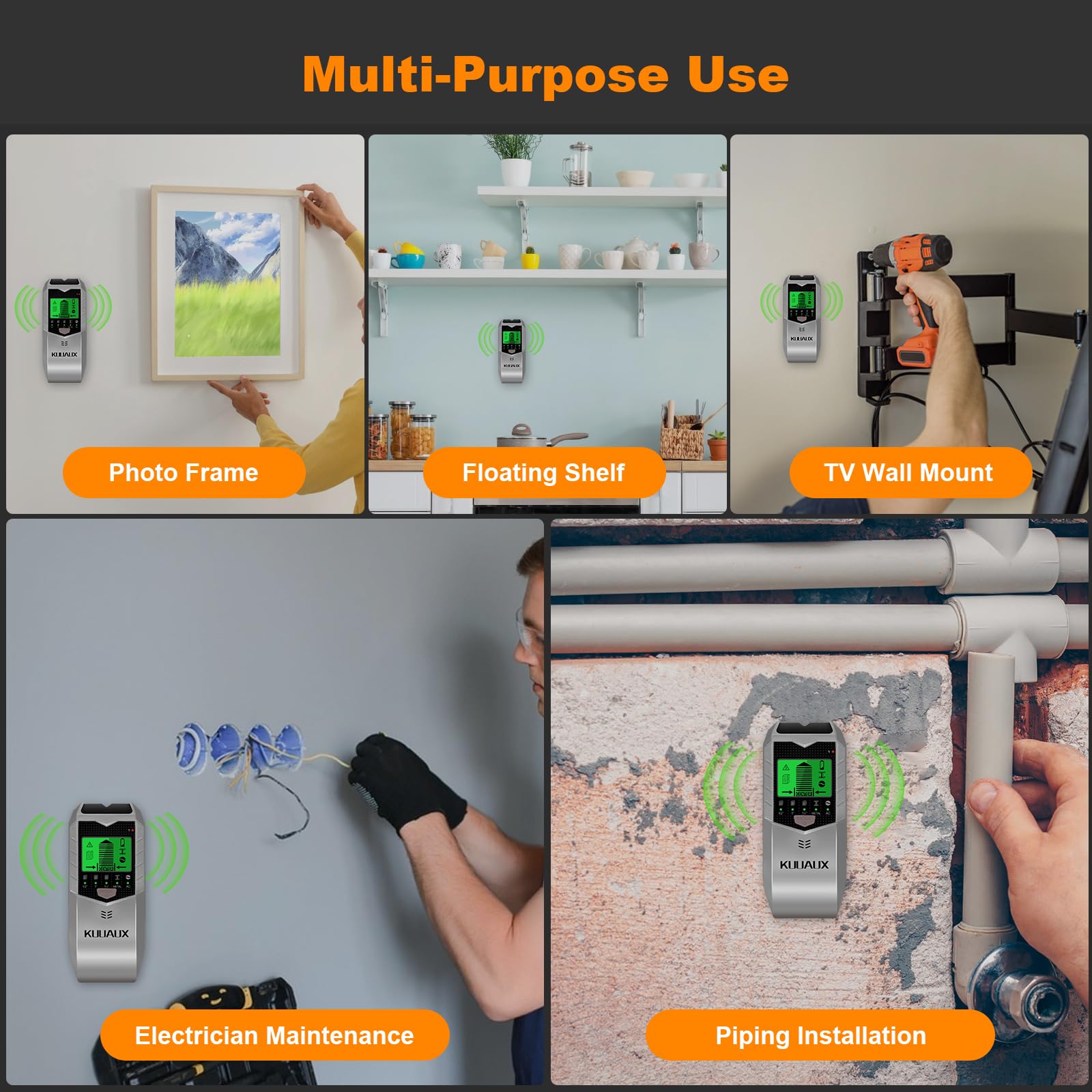 Escáner de pared, detector de pernos 5 en 1 con chip de microprocesador inteligente y pantalla LCD HD, buscadores de haz para centro y borde de madera, cable de CA, viga, metal y tubería,