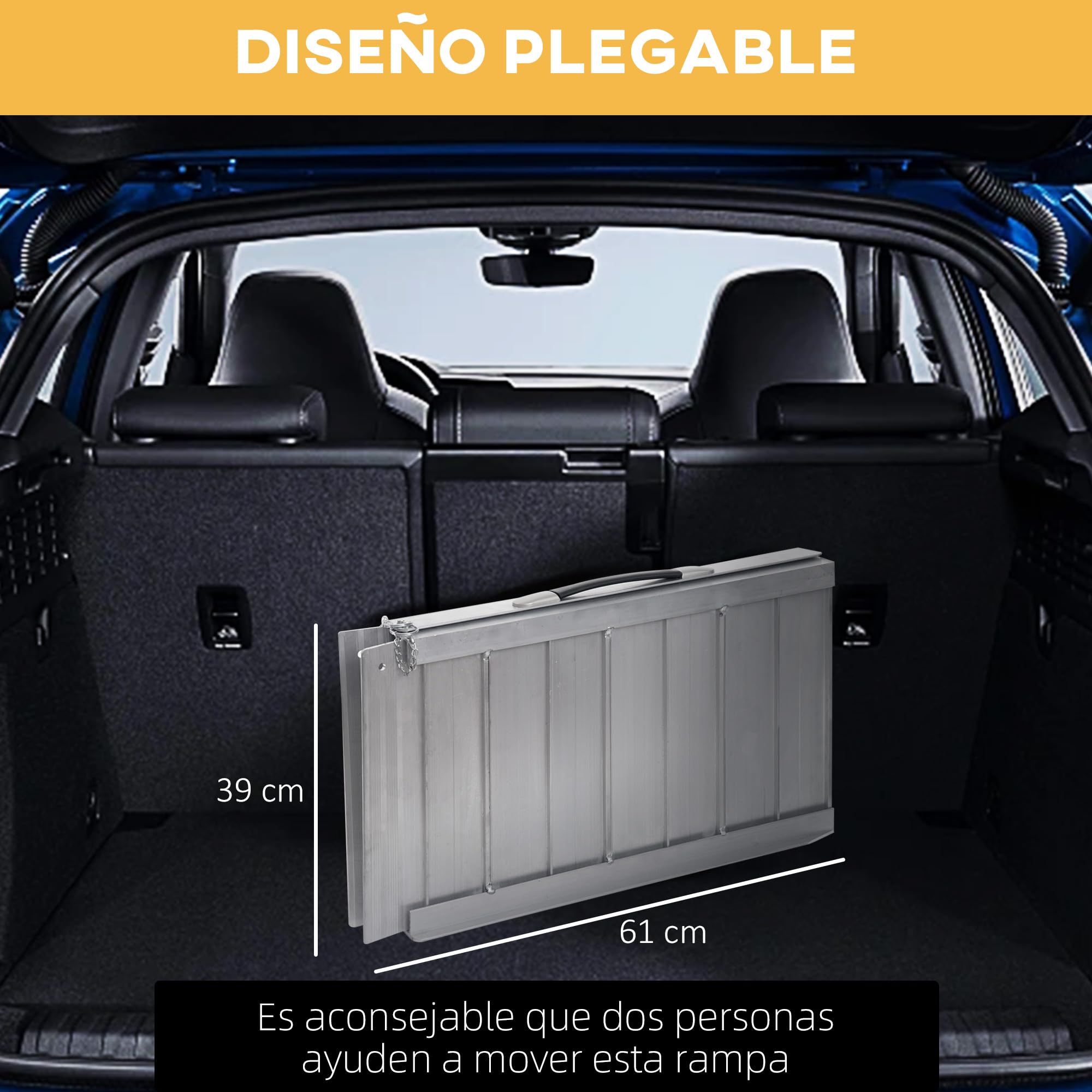 HOMCOM Rampa para Sillas de Ruedas Plegable, 61 cm, Carga 270 kg, Rampa Portátil de Aluminio Antideslizante con Bordes de Seguridad y Asa, para Escaleras, Puertas, Discapacitados