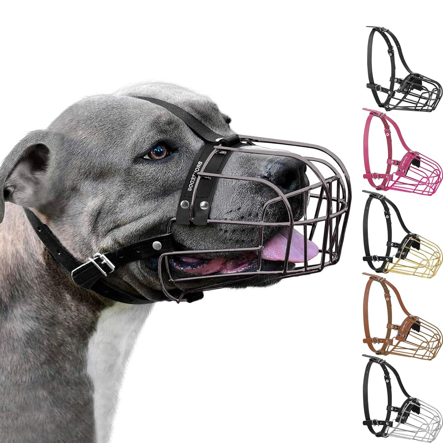 BRONZEDOG Pitbull Dog Muzzle Metal Mask Amstaff Wire Basket Pit Bull Adjustable Leather Straps for Large Dogs (Graphite Metal)