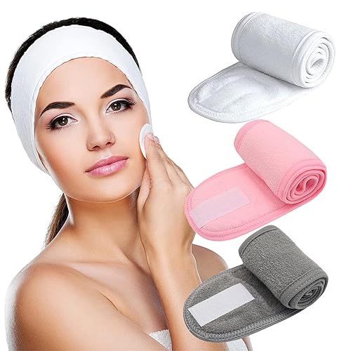 EOQPDECD 3 diademas de spa para mujer, diadema para lavar la cara, ultra suave, ajustable, banda para el cabello con cinta mágica para mujeres,