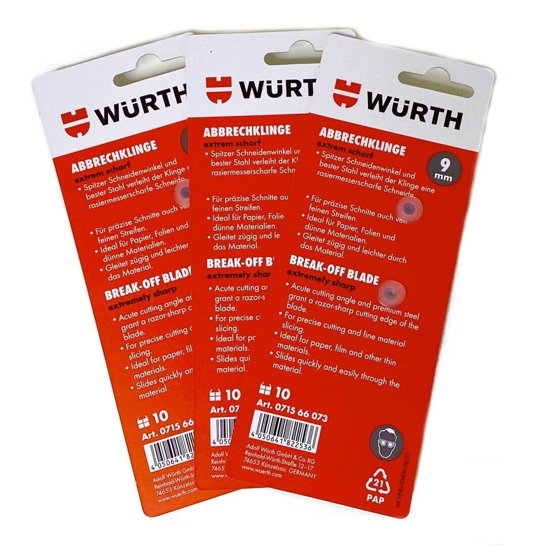 Würth 3er Pack 10x 9mm Abbrechklinge extrem scharf für Cuttermesser 071566073 Universalmesser Teppichmesser