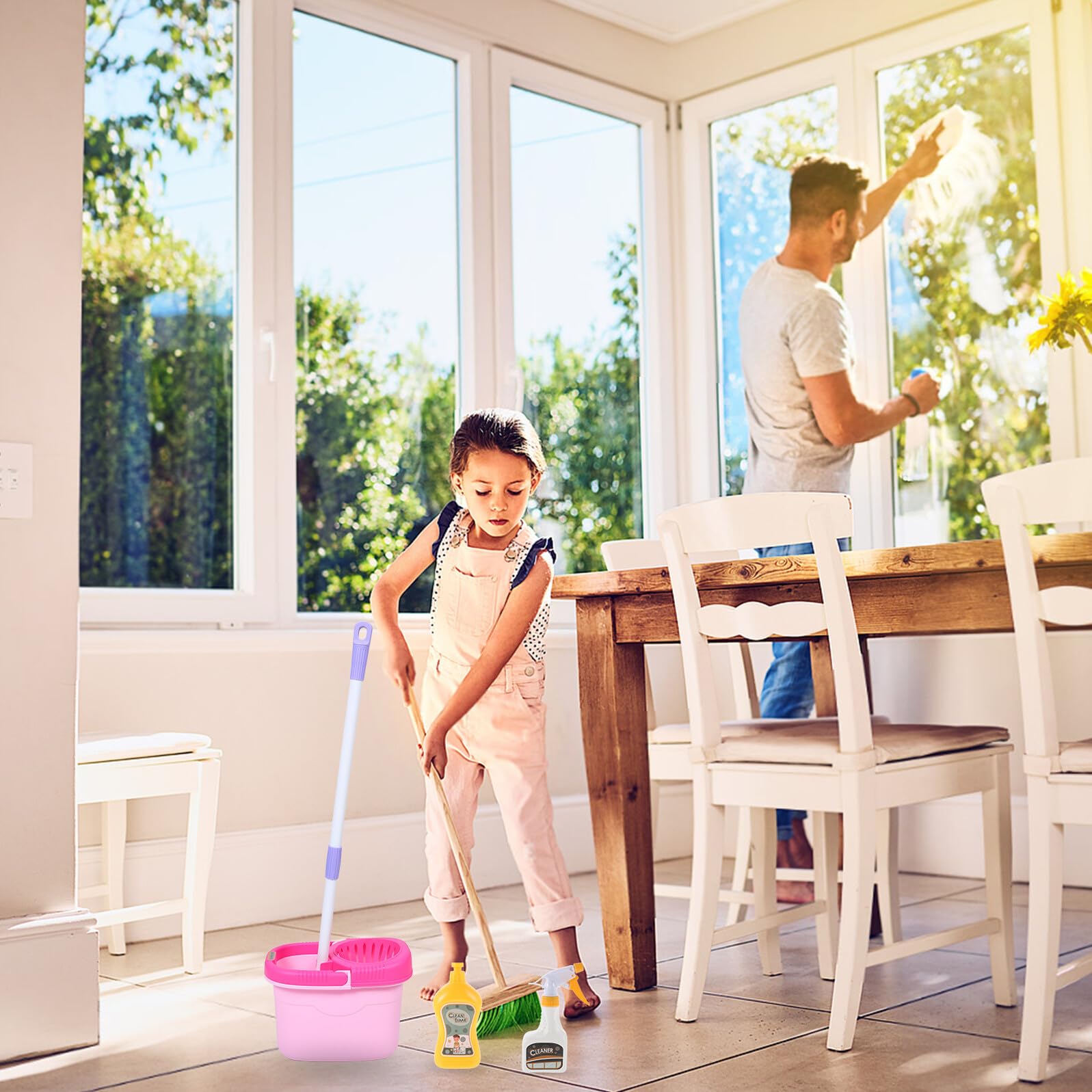 Juego de Limpieza Infantil 12 Piezas para Pequeños, Recogedor de Basura y Escoba de Plástico Rosa, Juguetes Interactivos para Mejorar Coordinación y Juego de rol Doméstico