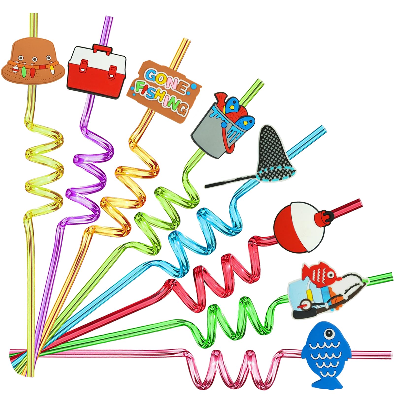 24PCS Fishing Party Favors,Summer Fishing Themed Birthday Party Supplies，Kids Daily Drinking Straws,Birthday Parties,Class Reunions,With 2 Cleaning Brushes.(8color)