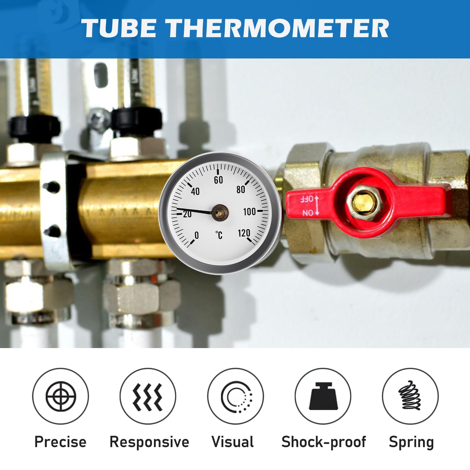 GOMETY Lot de 4 thermomètres de pose pour tuyau de chauffage - Bimétal - Thermomètre industriel - 0-120 °C - 63 mm - Pour installations de chauffage et chaudières - Affichage de la température