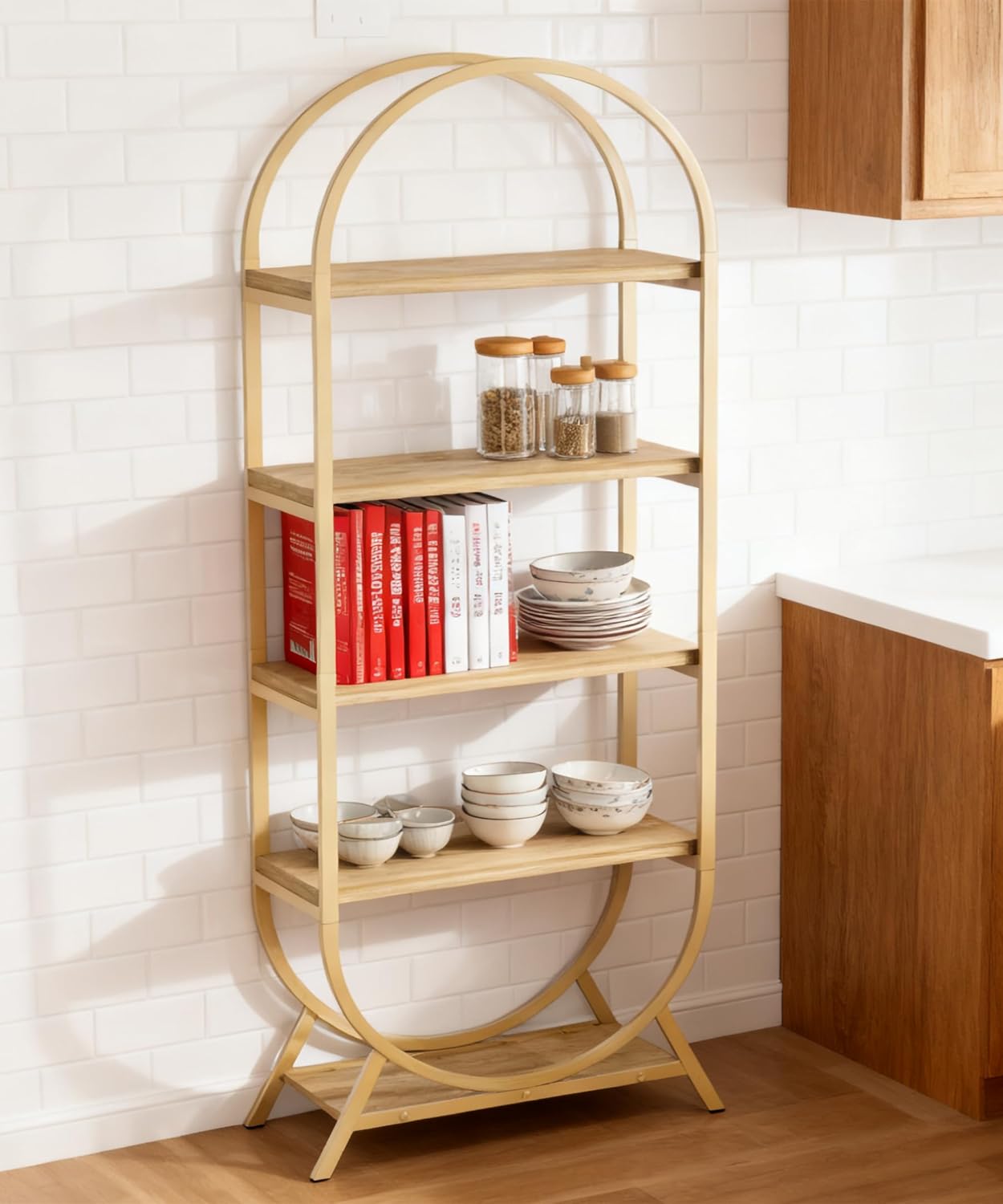 Arched Bookshelf,5-Tier Tall Wide Open Bookshelf,Modern Brown Storage Bookshelves, Freestanding Display Rack Shelving Unit for Office, Bedroom, Living Room, Easy Assembly, Brown