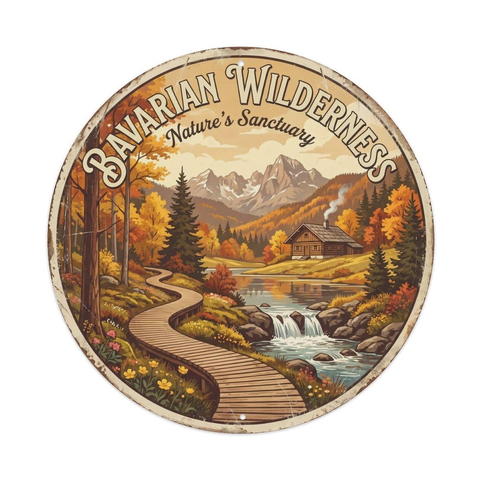 Vintage Travel Bavarian Forest Germany Alpine Metal Tin Sign Plaque Wall Decor for Cafe, Club, Garden Round Metal Poster 8x8Inch