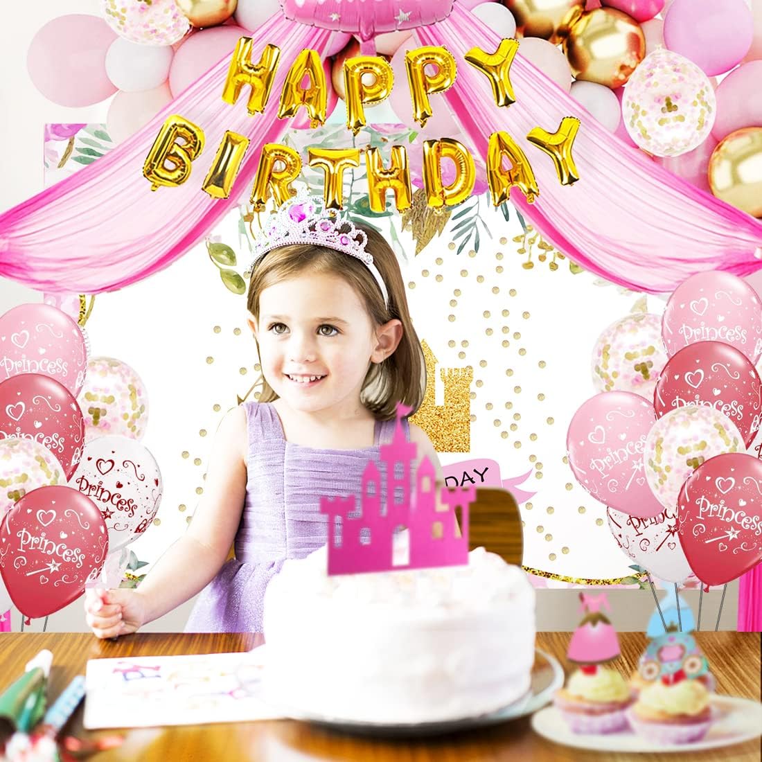 Princess Birthday Party Decorations for Girls Include Balloon Arch, Banner, Backdrop, Tablecloth, Tulle, Crown, Wand, Sash, Cake Topper Party Supplies