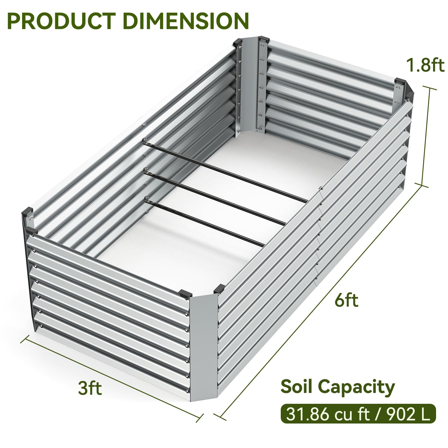 Ohuhu Letto da Giardino Rialzato in Acciaio Zincato, 180x90x60 cm Letto per Orto Rialzato Grande e Profondo, Fioriera da Esterno in Metallo per Verdure e Fiori Argento