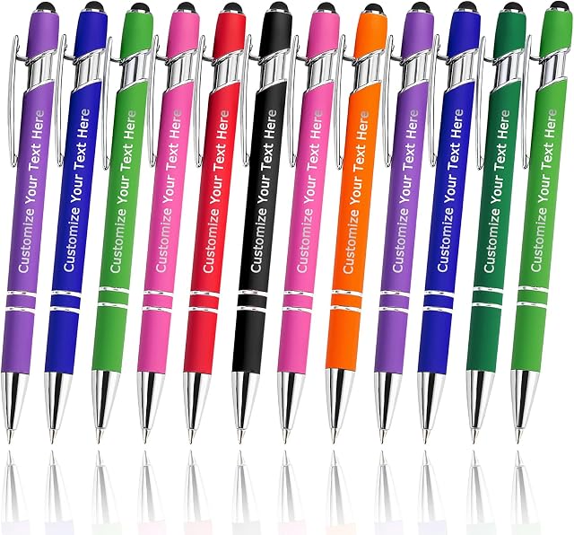 12 PCS Personalised Custom Pens Bulk, Customised Engraving Ballpoint Pens with Stylus Name Logo Message, Gift Ideas for Birthday Graduation(Medium Point, Black Ink)