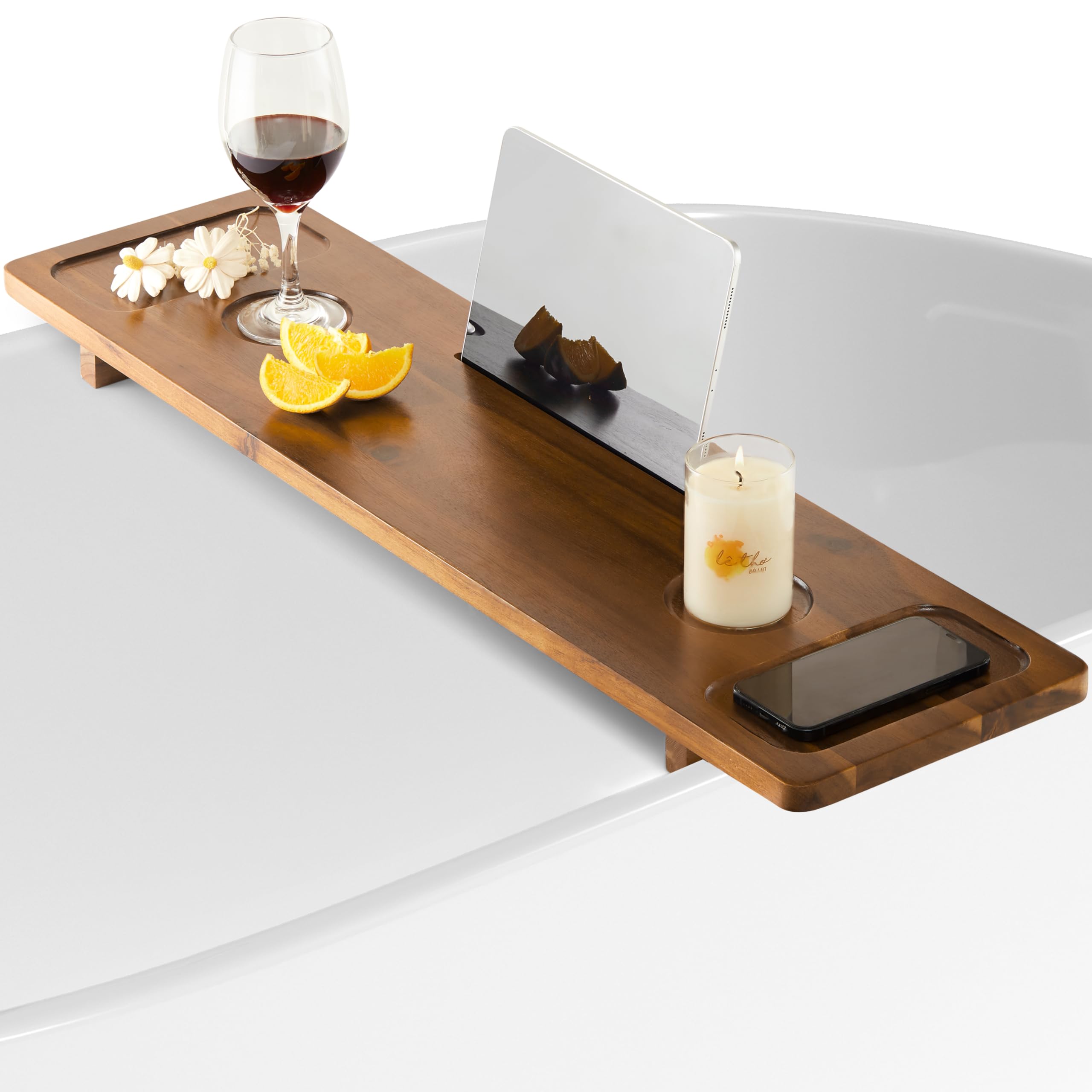 BLUEWEST Premium Bathtub Tray Caddy, Solid Acacia Wood Bath Tray for Tub, Large Bath Table Tray, Anti-Tipping, Sustainable Tub Tray, Holder for Tablet with Book and Wine Glass Holder
