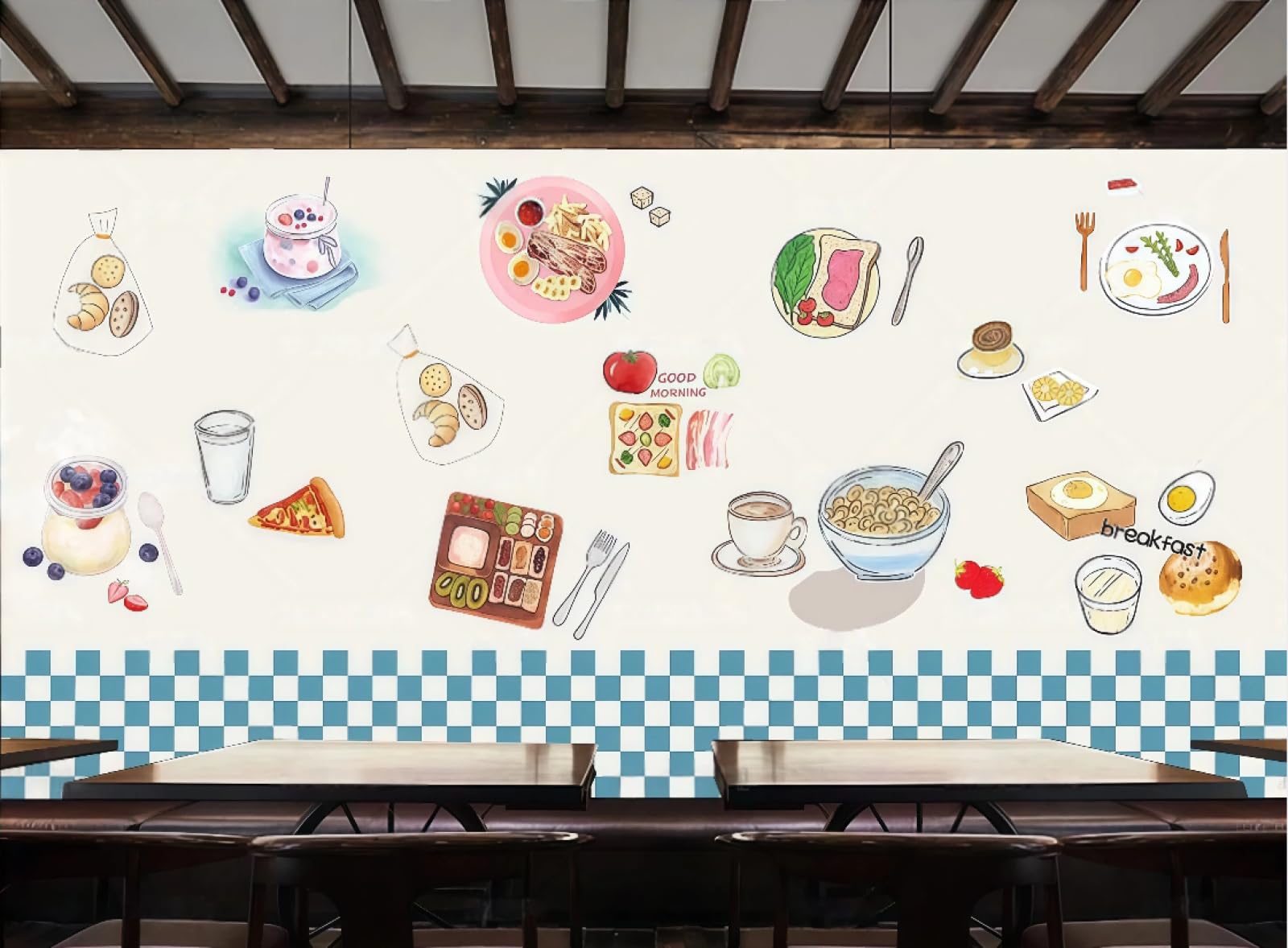 Papel Tapiz Pintado A Mano A Cuadros Verdes, Pequeña Panadería Fresca, Desayuno, Cafetería Gourmet, Mural De Fondo, Papel Tapiz De Restaurante Occidental,3D,400x280cm