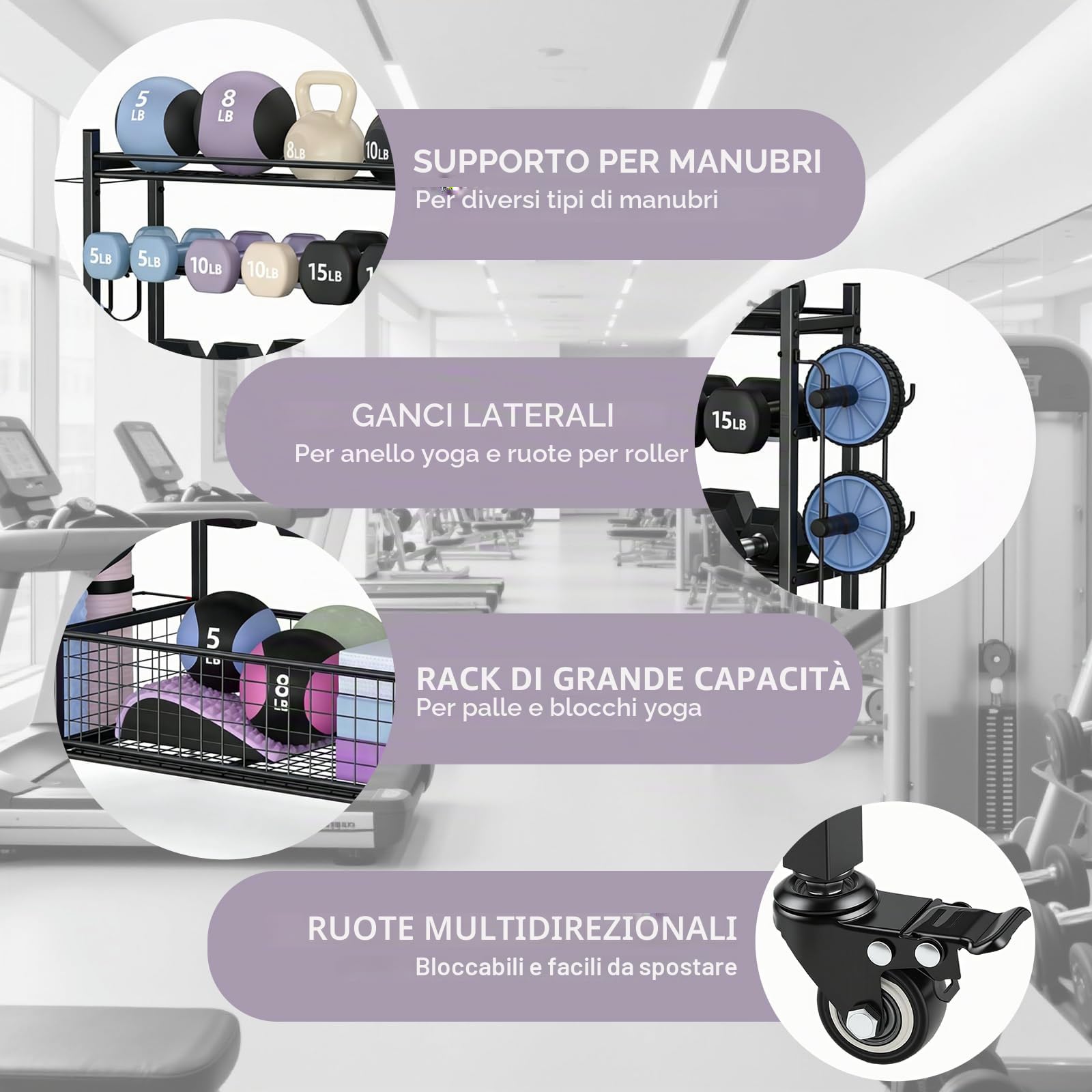Rastrelliera Per Manubri Regolabile A 4 Livelli Con Ruote E Ganci,Porta Manubri Attrezzatura Palestra,Supporto Multifunzionale Per Tappetini Da Yoga,Manubri,Rulli In Schiuma, Fasce Elastiche,60×40cm