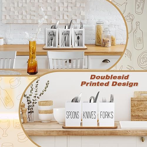 Miniatura 4 de Gejoy Soporte acrílico para cubiertos con bandeja de madera, cuchara, tenedor, cuchillos, dispensador de cubiertos para mesa de cocina, encimera,