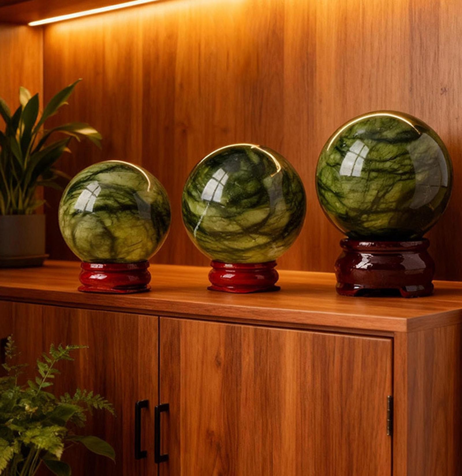 Sfera cristallo per meditazione pietra con sfera giada naturale Xiuyan | Collezione campioni sfere rotonde per decorazioni collezioni home office, sfera di cristallo naturale con base in legno