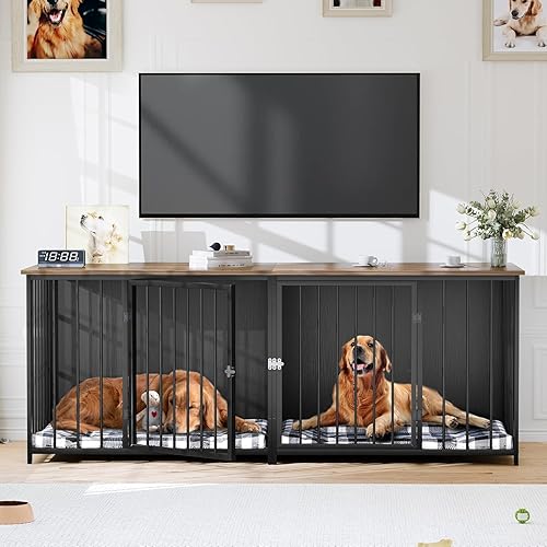 Miniatura 2 de YITAHOME Mueble doble para perros, de raza grande de 80.2 pulgadas con división, soporte de TV resistente para 2 perros medianos, color negro