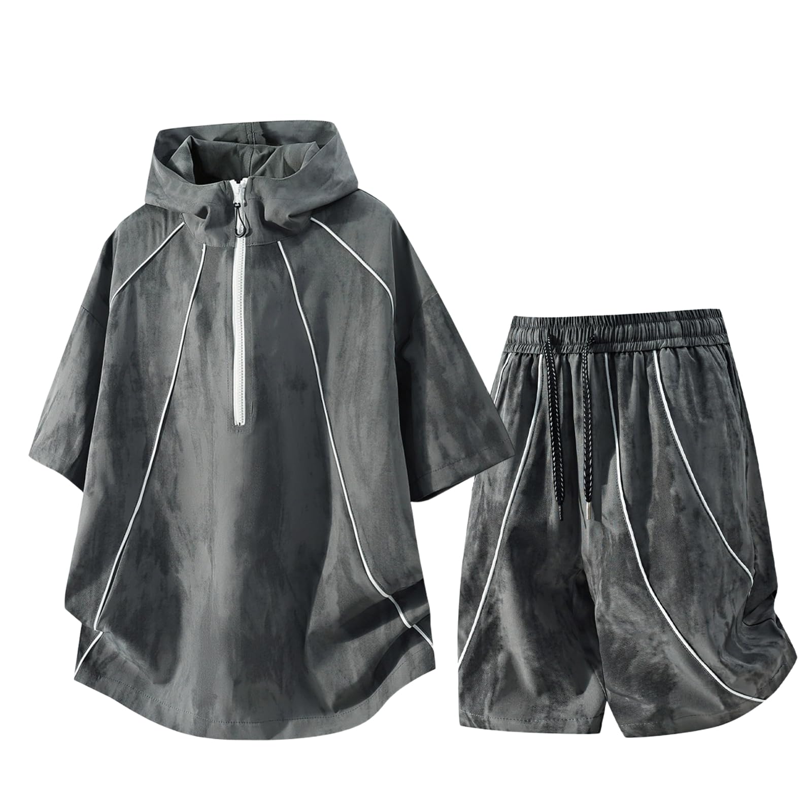Men's Color Block Hooded Sport Set American Thin Short Sleeve T-shirt Shorts Loose-Grey-S