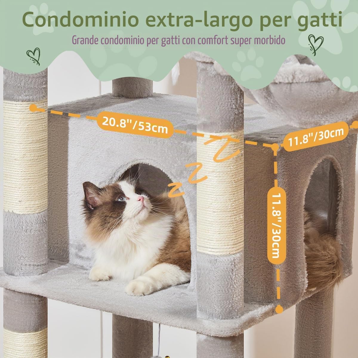 Taoqimiao Tiragraffi per Gatti, 180cm Stabile Tiragraffi per Gatti Adulti xxl con Accogliente Grotte, Amaca, Piattaforma extra large, cestino Sospeso, 8 Pali Graffiatoi, Grigio Chiaro MS034W