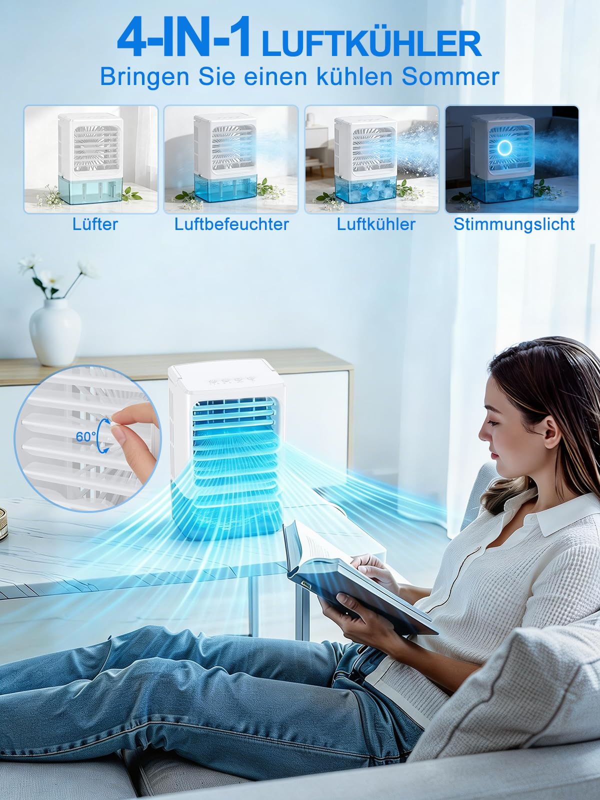 Mini Klimaanlage Ventilator 4-in-1, Lüfter, Luftkühler mit Befeuchter & LED Licht, 900ml Wassertank, 3 Geschwindigkeiten, 60° Verstellbar, USB 5V, Leise Mobiler Air Cooler für Büro Schlafzimmer Auto