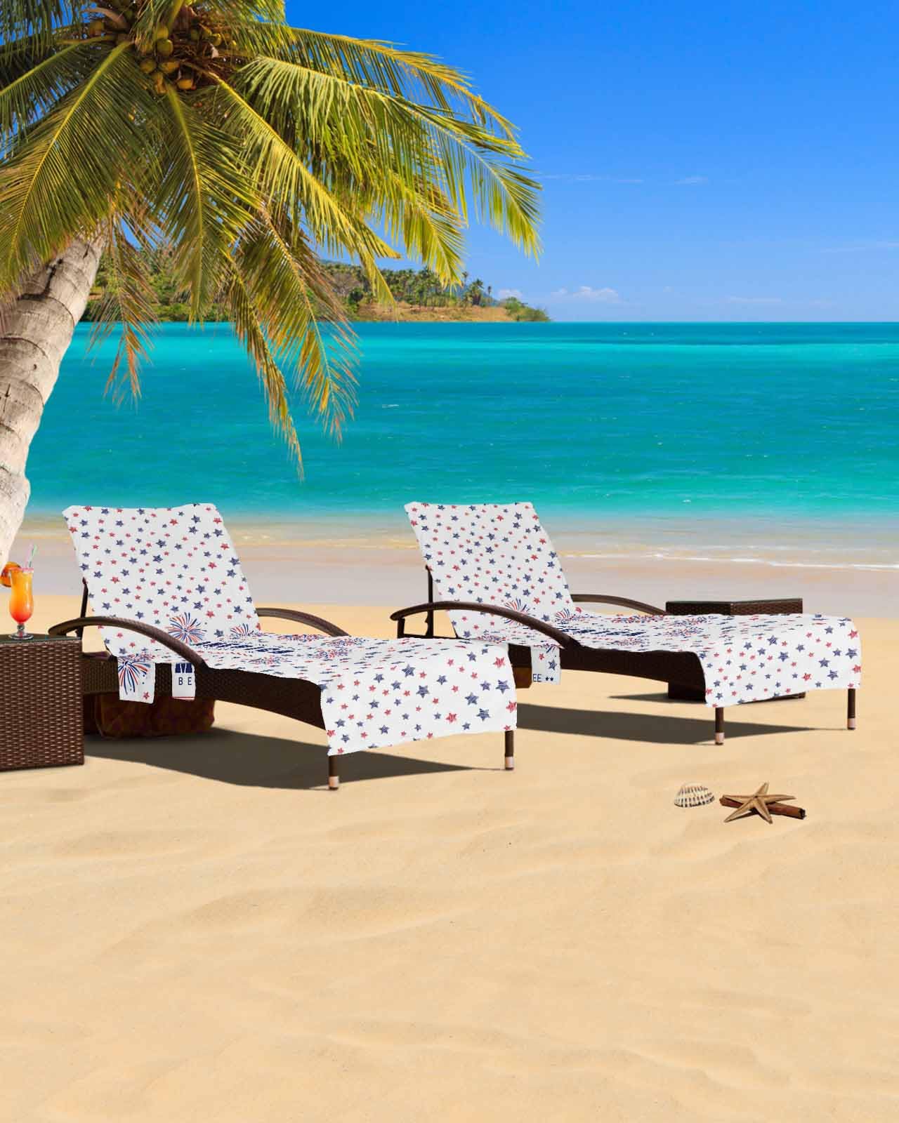 4th of July Beach Chair Cover with Side Pockets, Microfiber & Quick Dry Pool Chaise Lounge Chair Towels Covers for Sun Sunbathing Patio Garden Hotel, Patriotic Memorial Firework Stars Red Blue