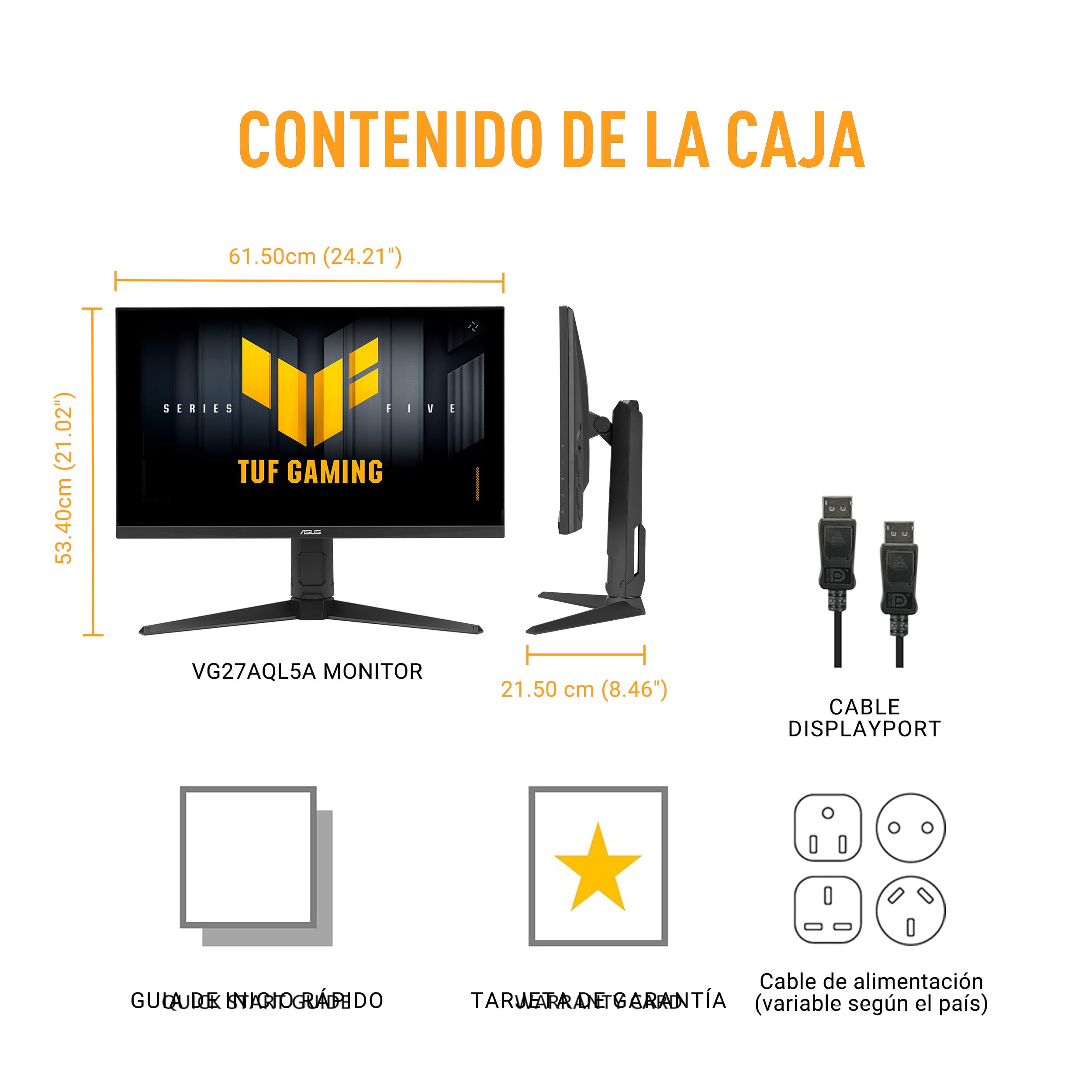 ASUS TUF Gaming VG27AQL5A Monitor de 27 Pulgadas, QHD (2560 x 1440), 210 Hz (OC), Fast IPS, ELMB Sync, 0.3 ms GTG (mín), Altavoz estéreo, DisplayWidget Center, IA Gaming, Ajuste de Altura