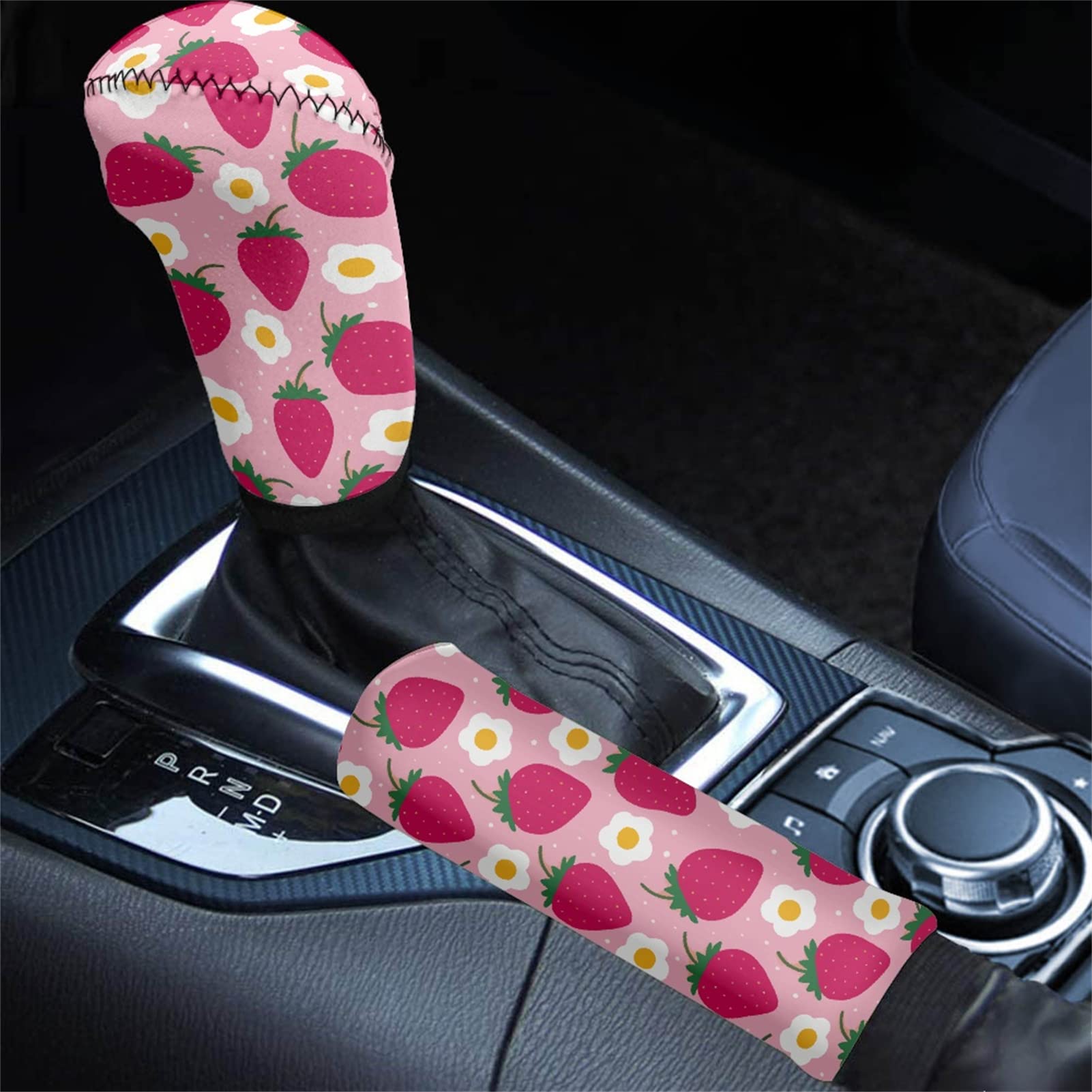 Coldinair Strawberry Floral Print Car Handbrake Cover Gear Shift Knob Cover Set,Fashion Auto Interior Accessories for Women