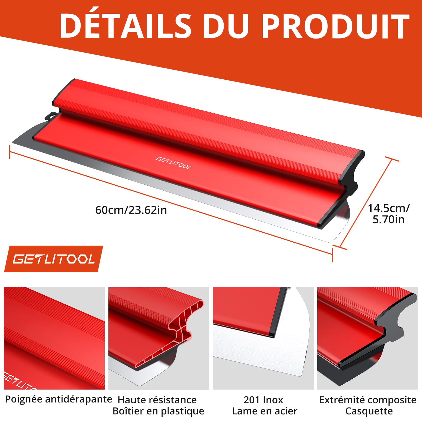 GETLITOOL Couteau à Enduire en Acier Inoxydable,60cm,Lisseuse Enduit,Spatule Enduit de Lissage Set,Outils de Cloison Sèche Grandes Surfaces Avec lame de rechange et Manche D'extension à 1.3m