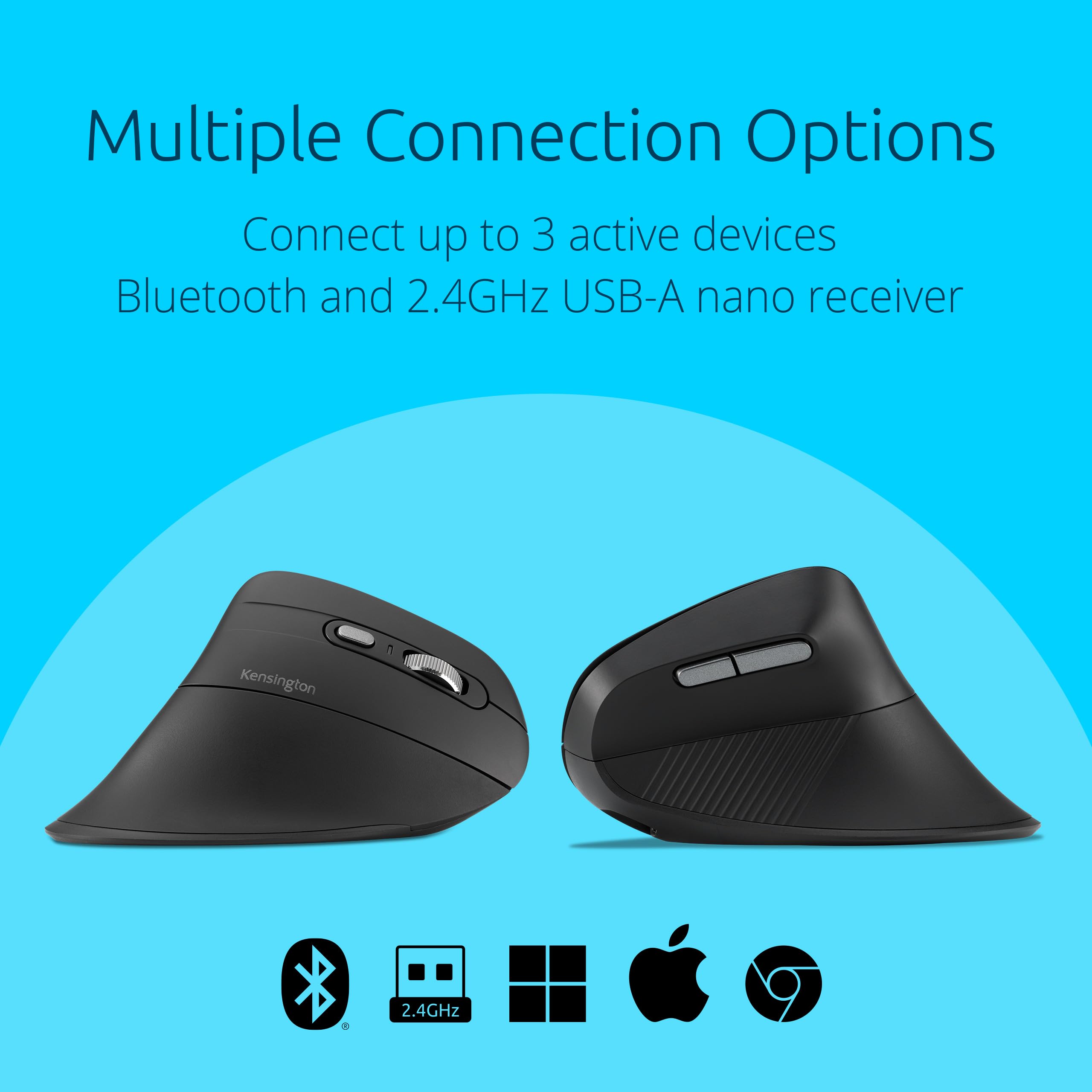 Kensington MY630 EQ - Ratón inalámbrico recargable, diseño vertical ergonómico, Bluetooth LE, 2.4GHz, negro (K72484NA) | Diseño vertical ergonómico, conexión Bluetooth LE y 2.4 GHz, batería recargable
